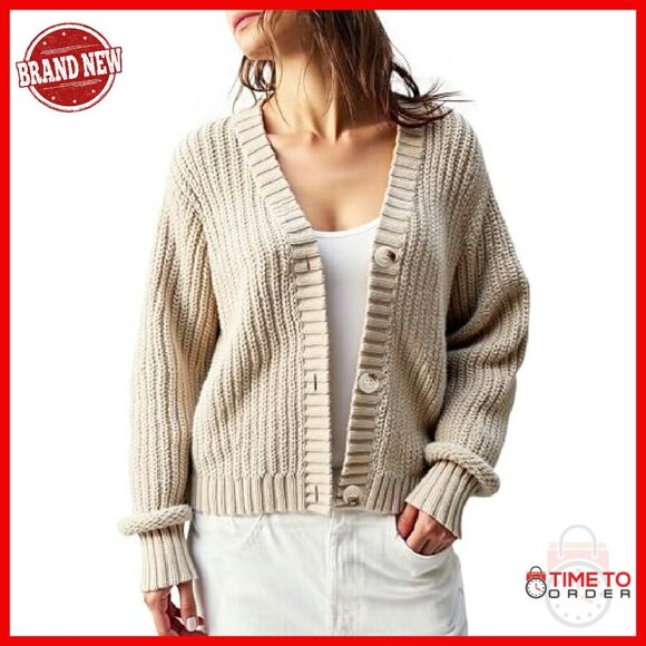Chunky Knit Cardigan Oversized V-Neck Waffle Texture Sweater - Picture 5 of 7